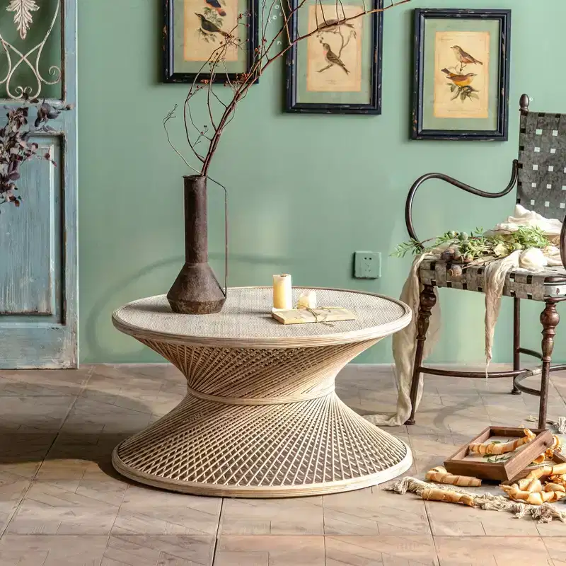 EHMKNP Natural Woven Round Rattan Coffee Table - Single Piece for Apartment Living Room, Rattan End Table for Living Space