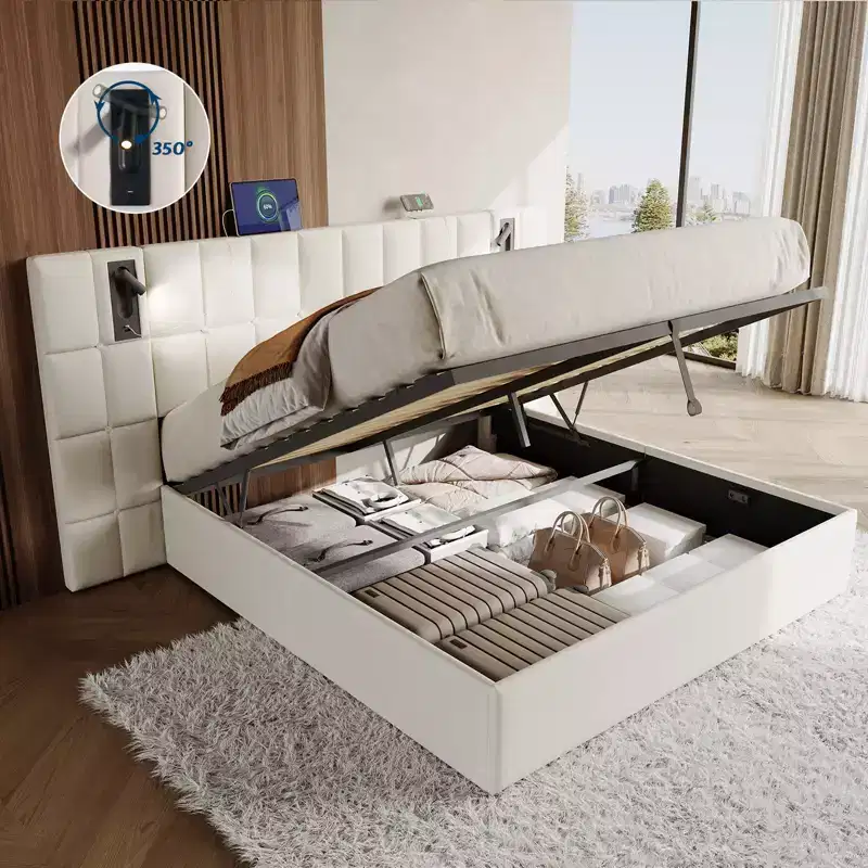 AMERLIFE Upholstered Bed Frame with Widened Headboard,Lift-Up Storage Bed and Built-in Light, Velvet