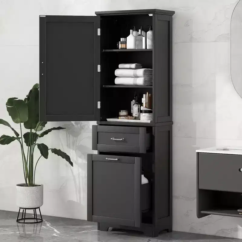 GDFStudio Nolan Modern Wood Freestanding Tall Bathroom Storage Cabinet with 2 Drawers and Adjustable Shelf