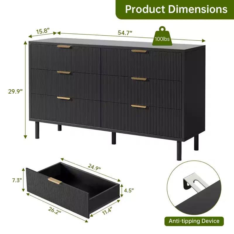Black Wave Fluted 6 Drawer Dresser, Modern Wood Double Dresser with Metal Legs & Handles, Anti-Tipping Chest for Bedroom & Living Room