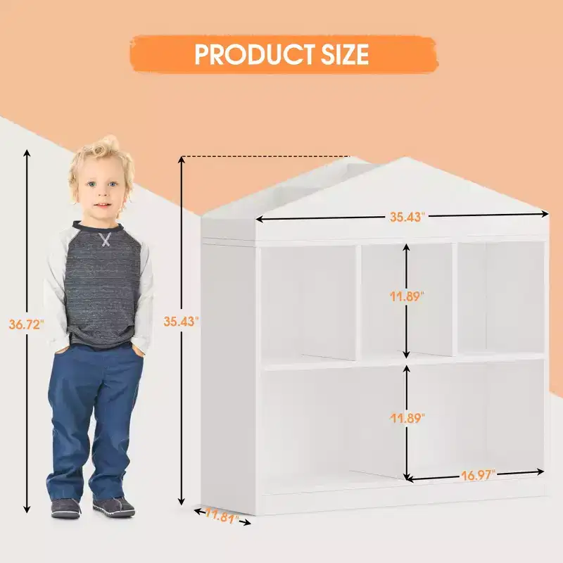 35-Inch Kids Bookshelf, 2-Tier White Wooden Toy Storage Organizer with 5-Cubby Bookcase & Modern Roof Design