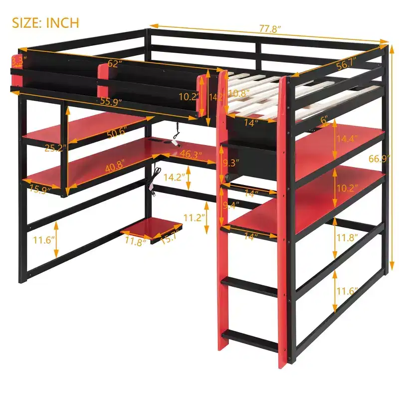 Modern Full Gaming Loft Bed with Lighted Desk, Storage Bookcase, Racks and Outlets