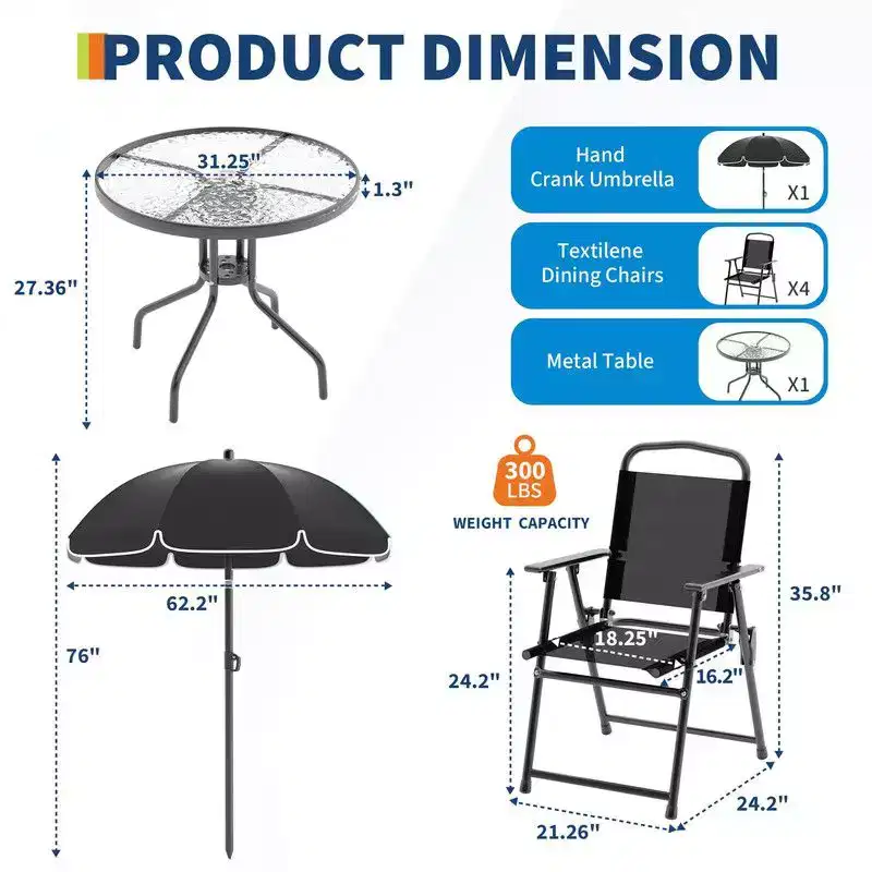 Outdoor Dining Table with Umbrella, Metal Frame & Glass Top