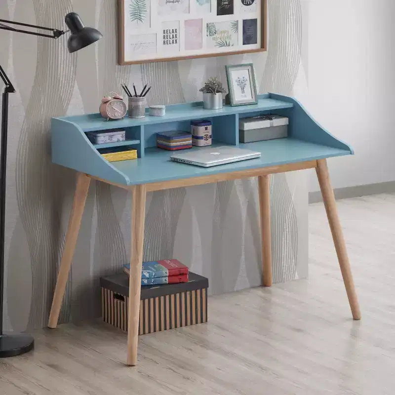 Gwen Mid-Century Modern Wood Writing Desk with Hutch and Open Shelves