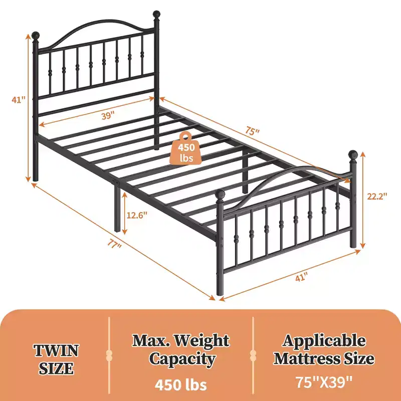 Metal Platform Bed Frame with Wrought Iron, Art Headboard and Footboard, Mattress Foundation, Under Bed Storage, No Box Spring Required