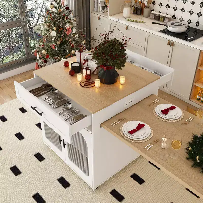 JVNOXK80-inch Expandable Mobile Cart Kitchen Island with Dining Table, 2 Drawers, Solid Wood Grain Countertop with Power Outlet, White