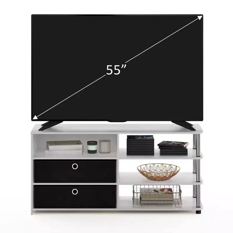 Simple Design TV Stand Entertainment Center Hold up to 50 TV with Storage Shelves & 2 Bins,White Oak
