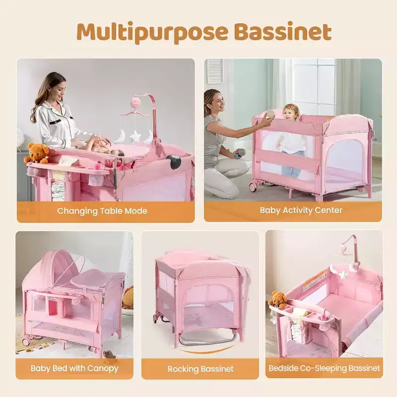 JOYMOR 9 in 1 Bedside Bassinet with Changing Table, Pack and Play with Bassinet, Convert to Rocking Baby Bed with Electric Music Center