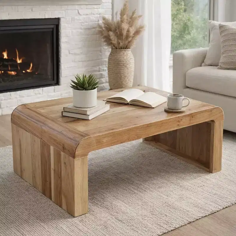 Royal Hampton Coffee Table Handcrafted Natural Acacia Wood Rectangular Curved Waterfall Top, 36 Inch
