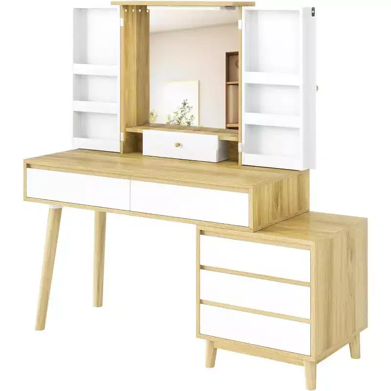 Vanity Desk with Mirror, 6 Drawers, Storage Cabinet and Stool, Modern White & Oak for Bedroom