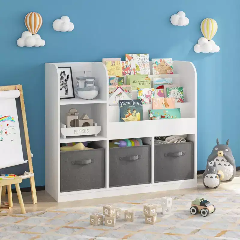 JVNOXK-Children's Bookcase and Shelving Unit, Multi-Functional Bookcase with 3 Foldable Fabric Drawers, Display Shelf, Storage Rack (White/Gray)