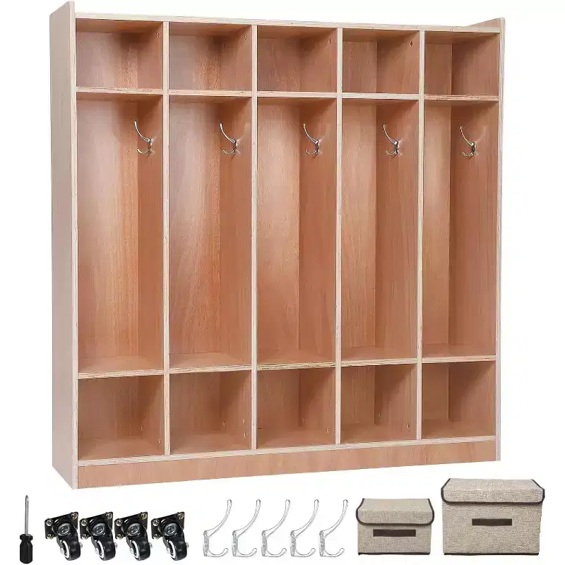 Kids Storage Locker, Rolling Coat Rack with Hooks and Cubbies, Child-Safe Design, for School, Classroom, Mudroom, Daycare