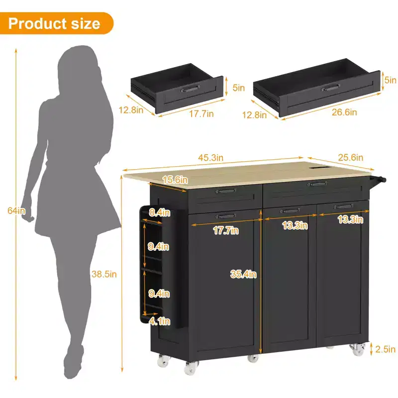 COZONY Rolling Kitchen Island Cart with Drop Leaf, Portable Kitchen Cart with Drawers and Storage Shelves, Mobile Workstation with Locking Wheels