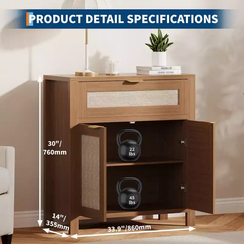 34 Sideboard Buffet Cabinet with Storage, Wooden Credenza Storage Cabinet with Adjustable Shelves Drawers and Rattan Doors