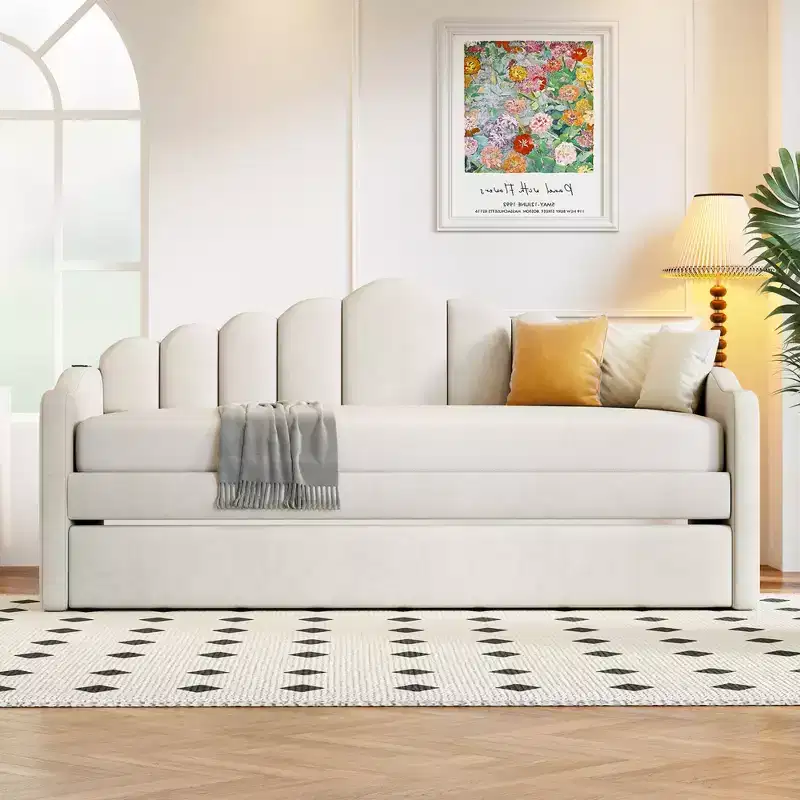Twin Size Daybed with Trundle for Adults, Kids, Girls, Teens, Daybeds with Trundle for Living Room, Velvet, Beige