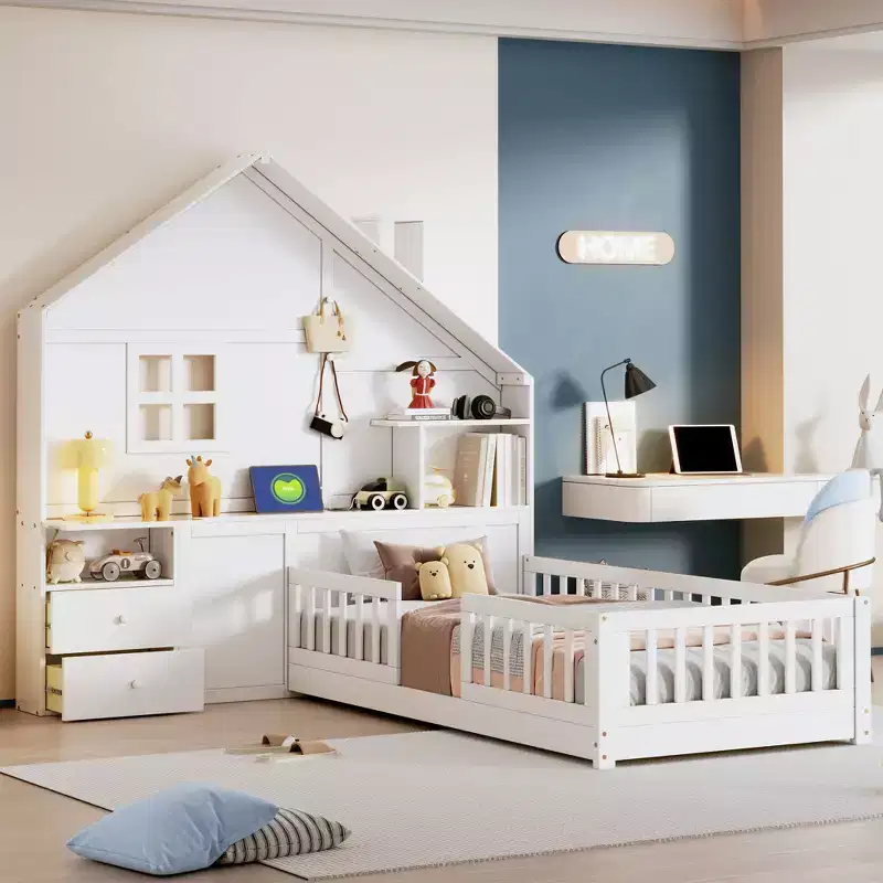 Twin/Full Size House Bed with Window Platform Bed Frame, Bedside Drawers, Shelves, Sockets and USB Port, White