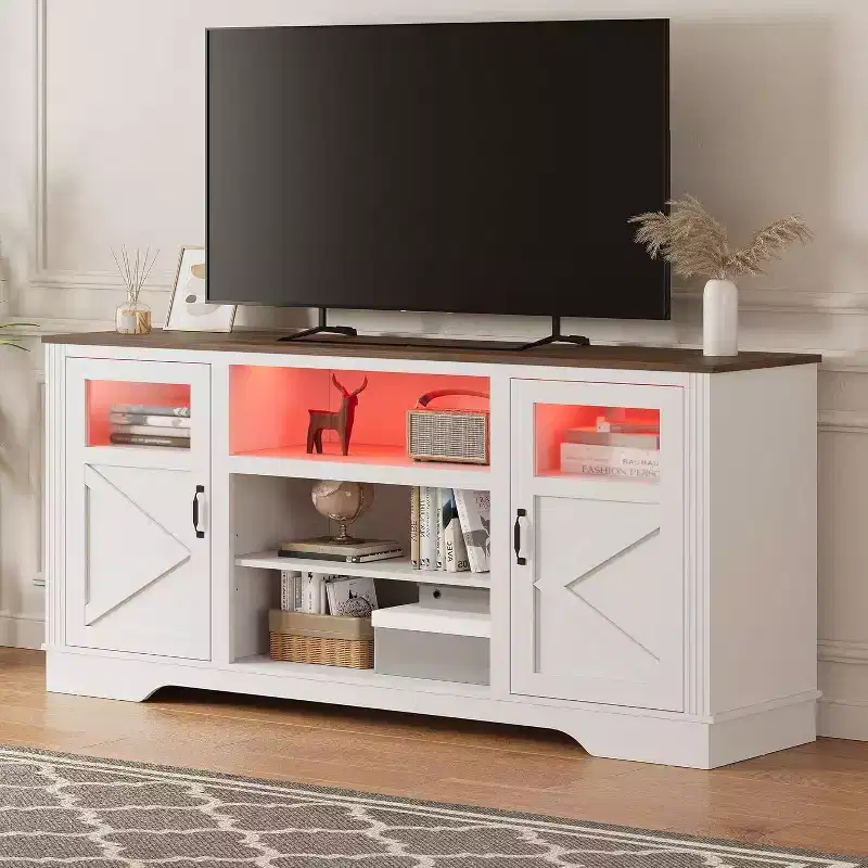 Farmhouse TV Stand with LED Lights, Entertainment Center for 65 Inch TVs, Storage Cabinets & Open Shelves