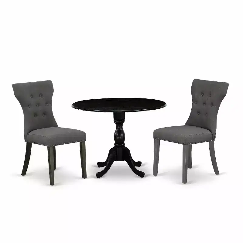 3-Piece Wire Brushed Black Solid Wood Top - Button Tufted Dining Room Set - Seats 4