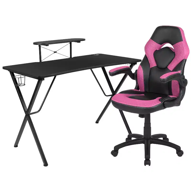 Emma and Oliver Gaming Desk & Chair Set with Cup Holder, Headphone Hook, and Monitor Stand