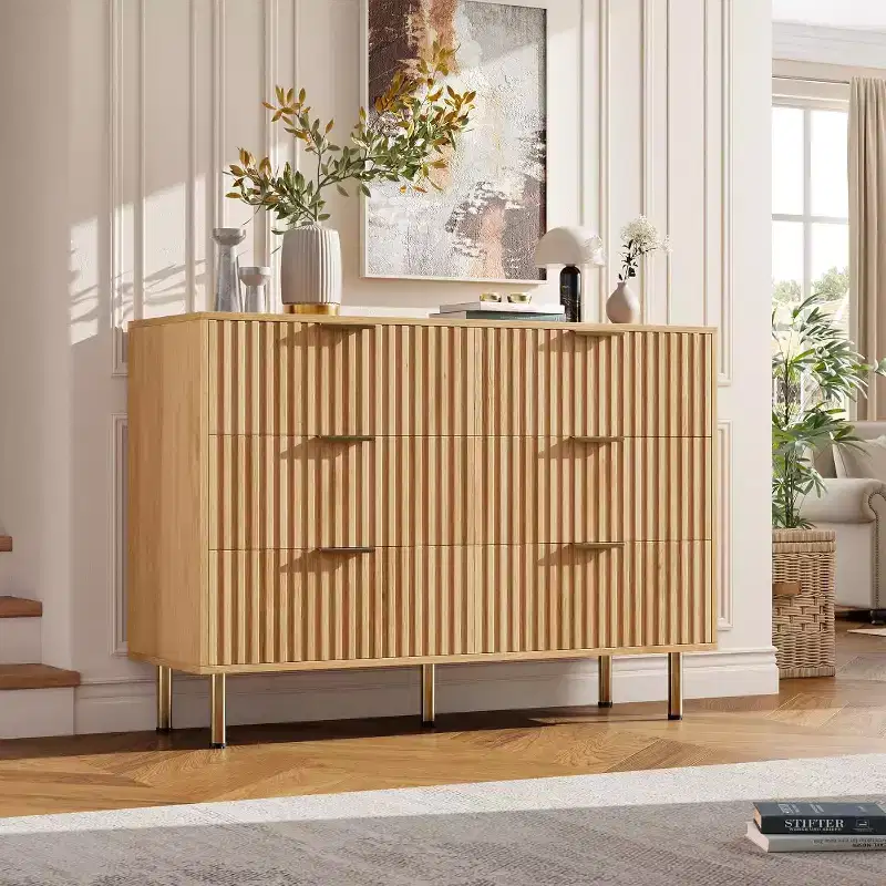 47.2 Wide 6-Drawer Dresser, Modern Fluted Chest of Drawers with Deep Storage, Long Double Dresser TV Stand for Bedroom, Living Room Organization