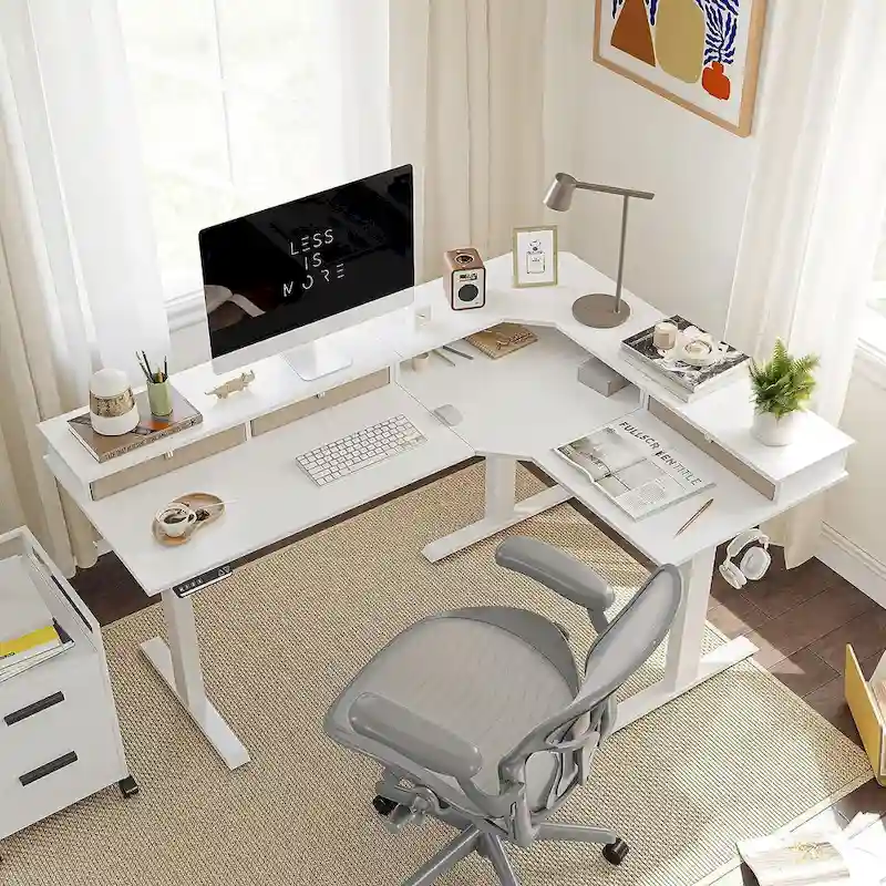 L-Shaped Electric Standing Desk with 3 Drawers & Lockable Casters, 63
