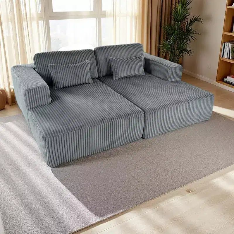 Corduroy Double Sofa Bed with 2 Pillows & Square Armrests