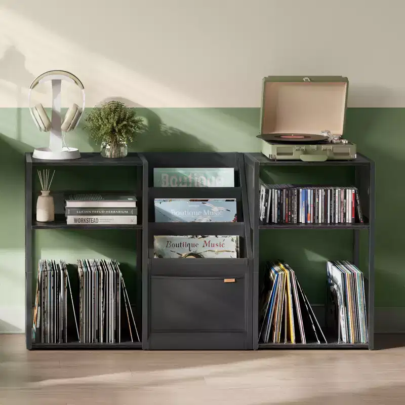 VASAGLE Record Player Stand, 3-Tier Side Table, Vinyl Record Storage up to 140 Albums, End Table