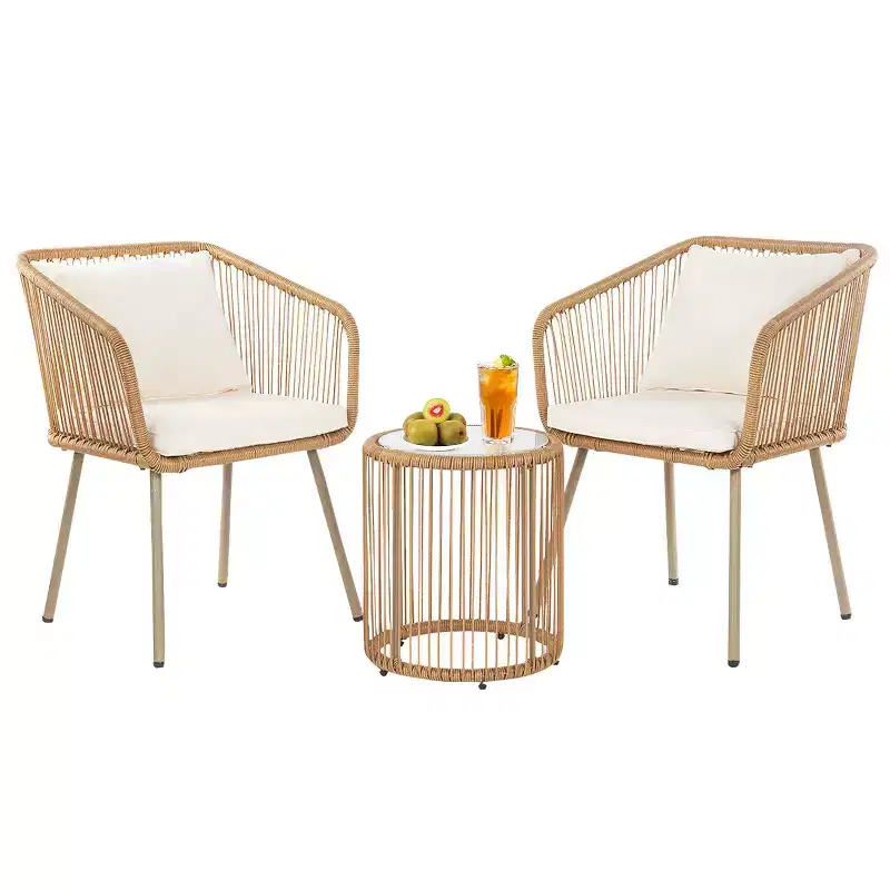 BestMassage 3-Piece Outdoor PE Rattan Bistro Furniture Set with Glass Coffee Table Top 2 Chairs, White