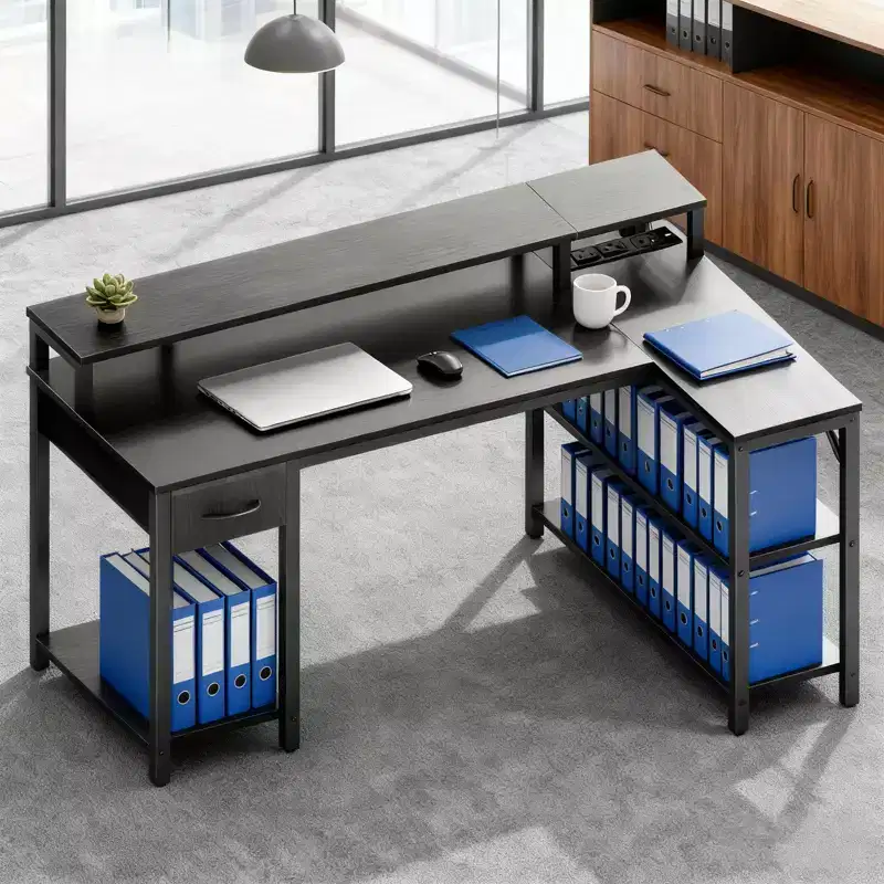 L-Shaped Gaming Desk with RGB LED Lights, USB Charging Station, Power Outlet, Monitor Stand & Storage Shelves