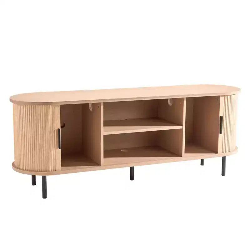 TV Stand, Boho Entertainment Center for TVs up to 58 in, 350 lbs Load, Adjustable Storage Shelves and Rolling Door, Wood Color