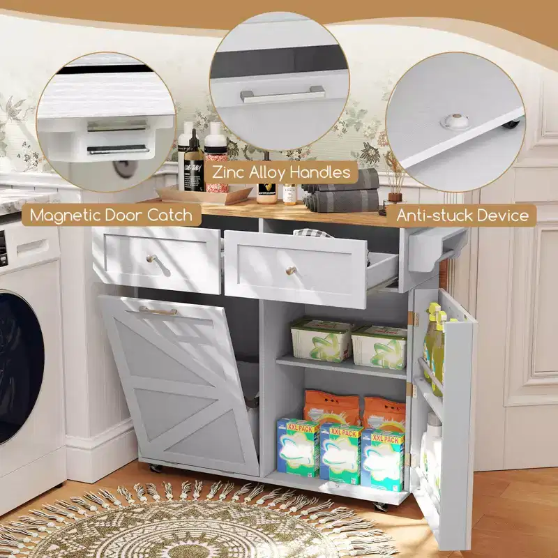 Costway Rolling Kitchen Island Kitchen Island Cart with Drop Leaf Trash Can Cabinet Black/White
