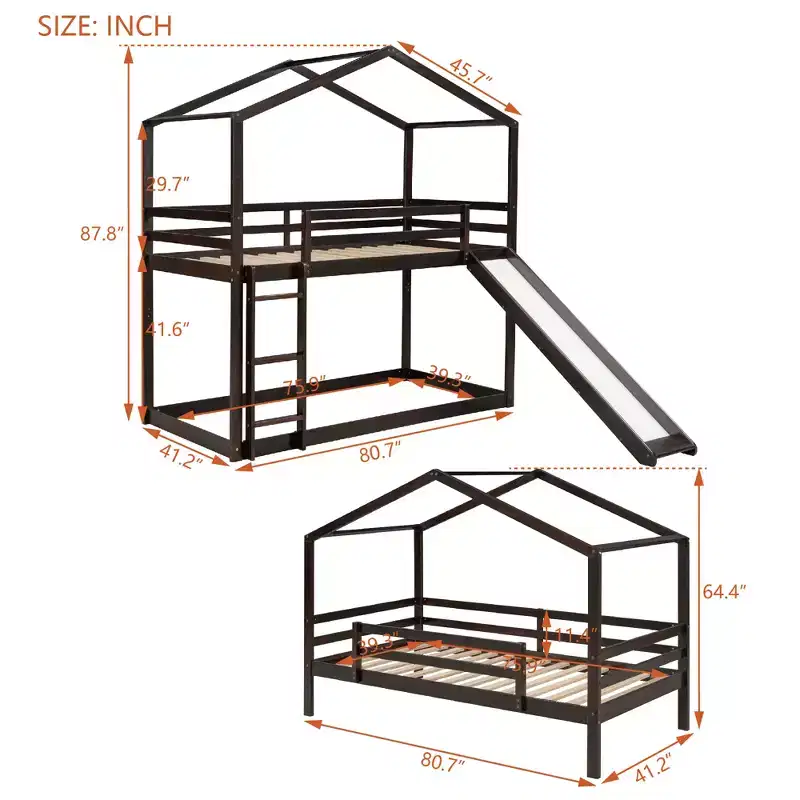 Wood House Bunk Bed Twin over Twin with Roof, Low Bunk Beds with Slide and Ladder