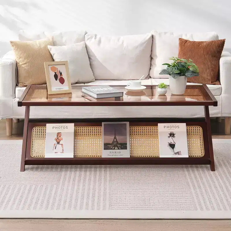 Z-Shaped Rattan Woven Bamboo Coffee Table with Tempered Glass Top – 47