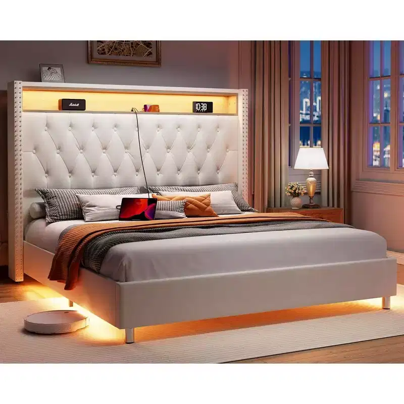 AMERLIFE LED Queen Bed Frame with 53.2 Storage Headboard,USB Ports,No Box Spring Needed,Begie