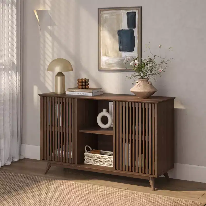 Mid-Century Modern Solid Pine Sideboard with 2 Push-to-Open Doors, 49