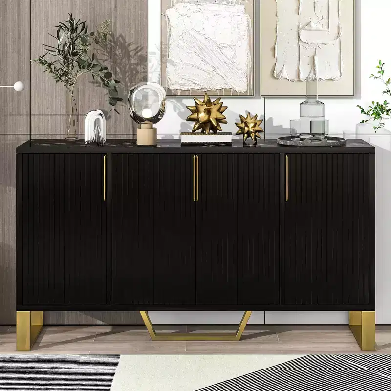 JVNOXK Modern four-door sideboard with metal handles and legs, adjustable shelves, kitchen cabinet with storage space, suitable for kitchens, black