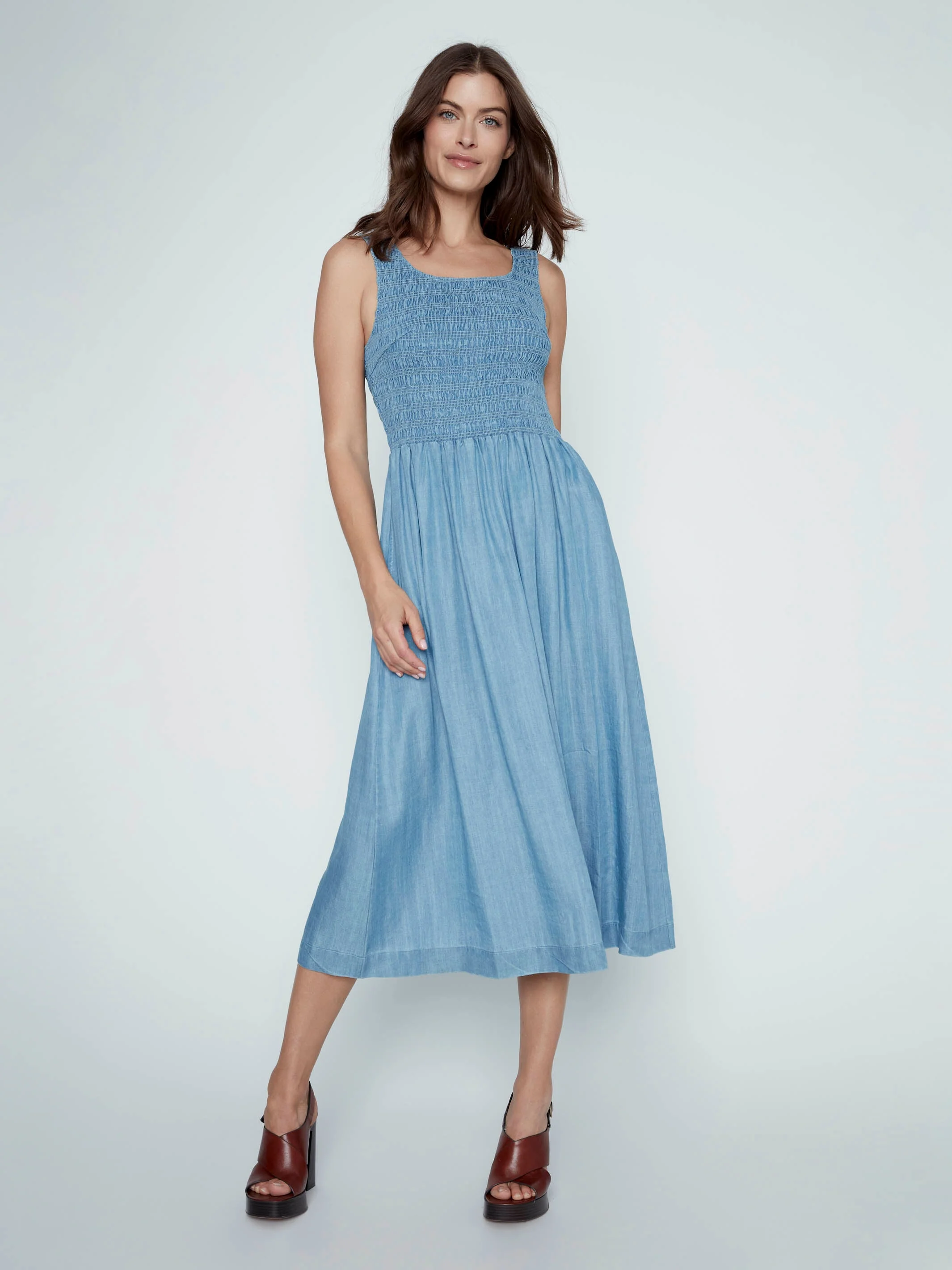 Soft Fabric Sleeveless Smocked Maxi Dress - Soft Blue