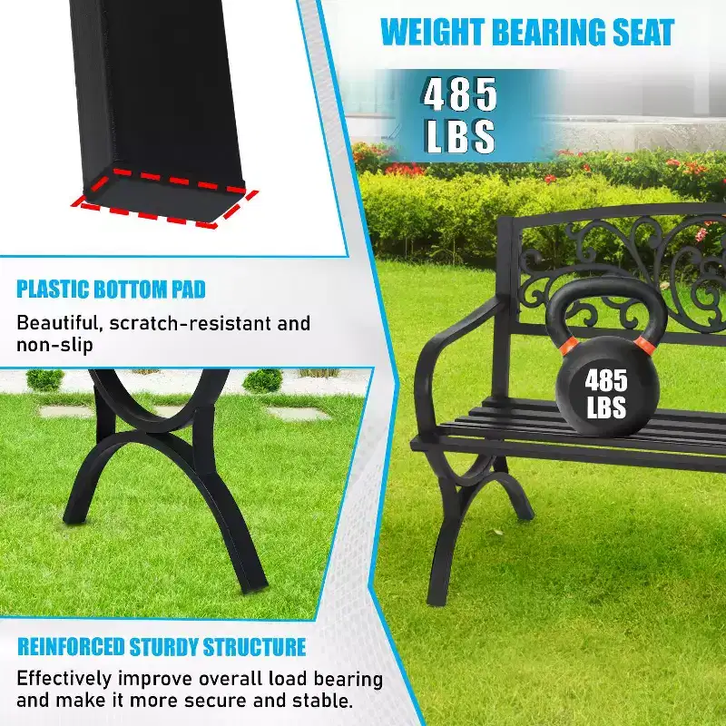 BestMassage Patio Garden Bench 50 Inch Sturdy Metal Loveseat Chairs, Black