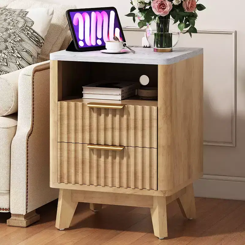Fluted Nightstand with Charging Station and Faux Marble Top