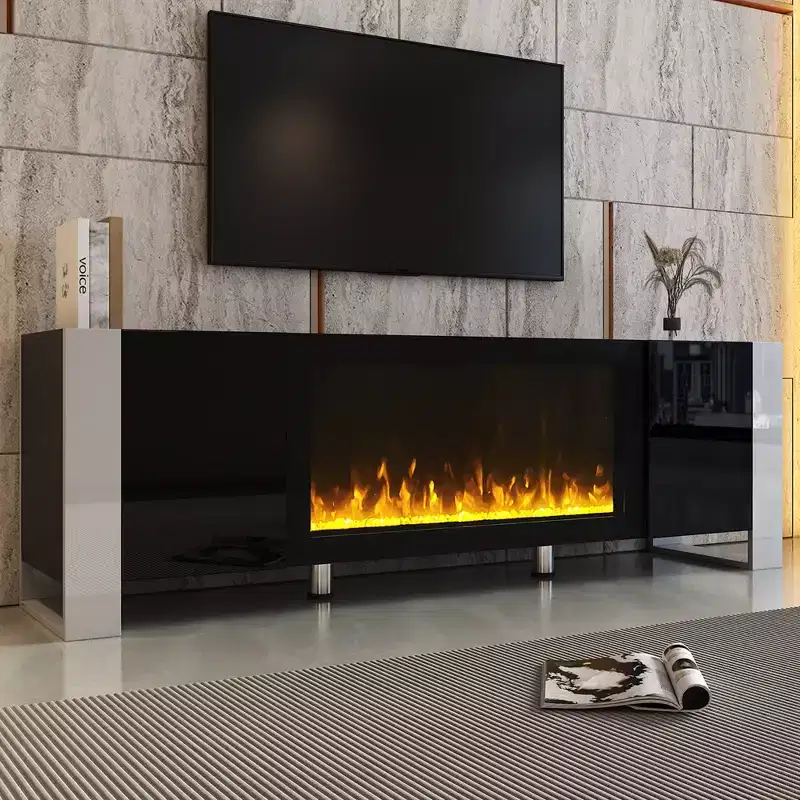 White TV Stand with Electric Fireplace, 2 Cabinets, Fits up to 78 in.