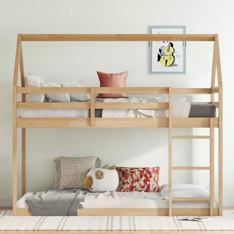 Twin Rubber Wood Floor BUnk Bed with Ladder, Guardrails, House Shaped Bunk Bed Beige