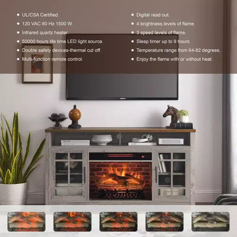 55 Modern TV Stand, Media Entertainment Center Console With Insert Fireplace, TV Media Storage Cabinet Chest For Living Room