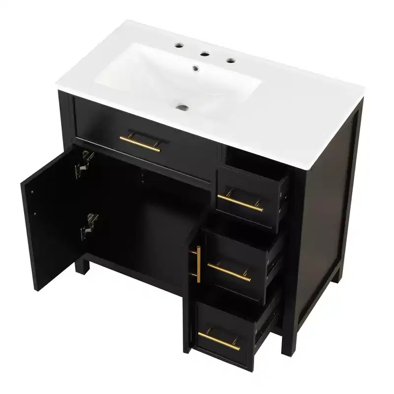 36 Bathroom Vanity with Sink, Black Bathroom Vanity with Drawers, Black Bathroom Cabinet with Gold Handles