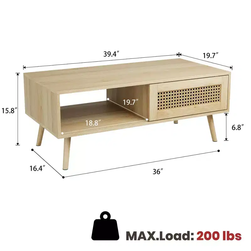 Boho Rattan Coffee Table, 39.4 Modern Coffee Table with Sliding Door and Open Shelf, Waterproof Wooden Living Room Table with Anti-Slip Footpads