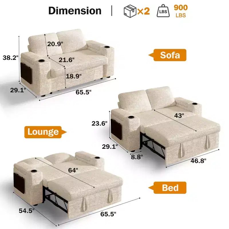 Dyonery Sale  3-Mode Sleeper Sofa with Storage & Charging Ports - Tool-Free Assembly, Adjustable Backrest for Small Spaces/Apartments/Dorms