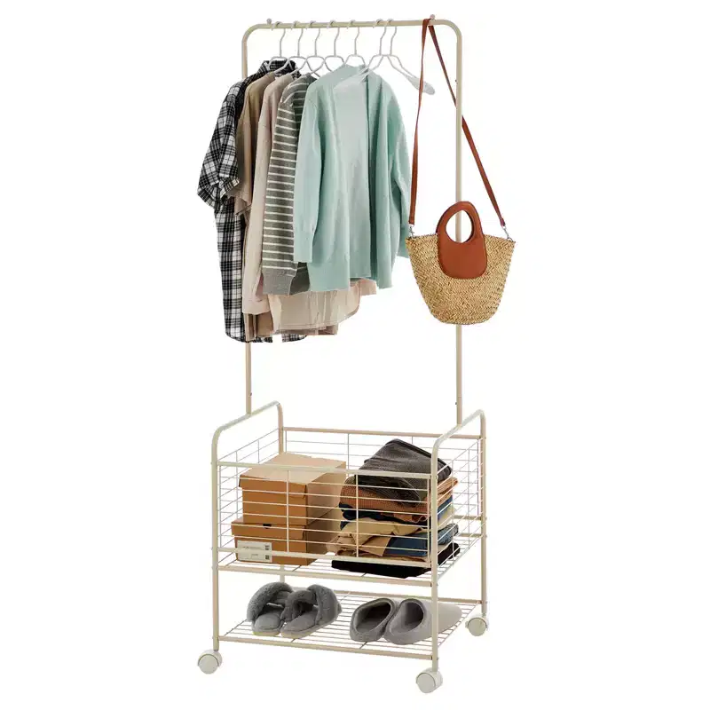 Clothes Rack with Laundry Basket, Metal Rolling Laundry Basket, Wheeled Clothes Storage Rack, with Storage Basket and Shelf, Suitable for Apartments