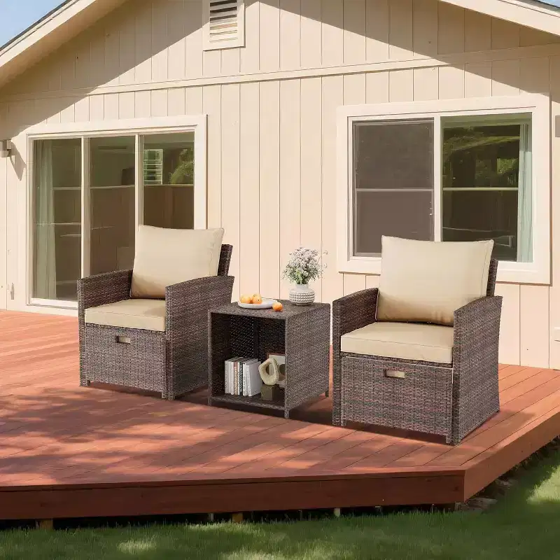 Acekool 5 Piece Balcony Patio Set Brown Rattan Armchairs with Soft Cushions 2 Hidden Ottomans and Glass Storage Table for Porch Lawn Deck