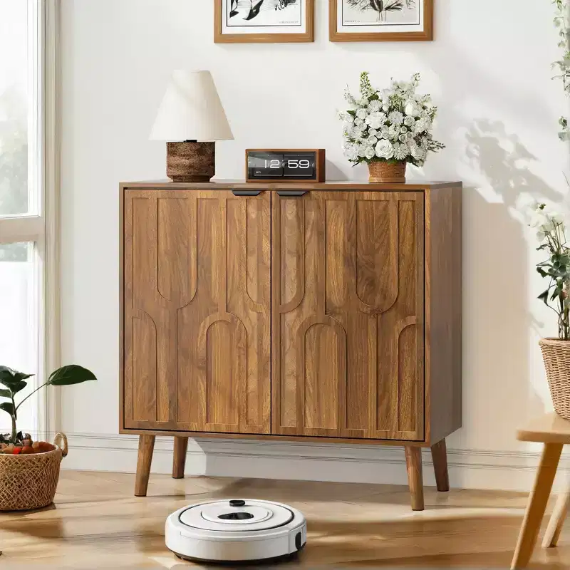 JVNOXK Sideboard Buffet Cabinet with Storage, Farmhouse Buffet Cabinet With Paper Clip Design, Wood Coffee Bar Storage Cabinet for Kitchen, Walnut