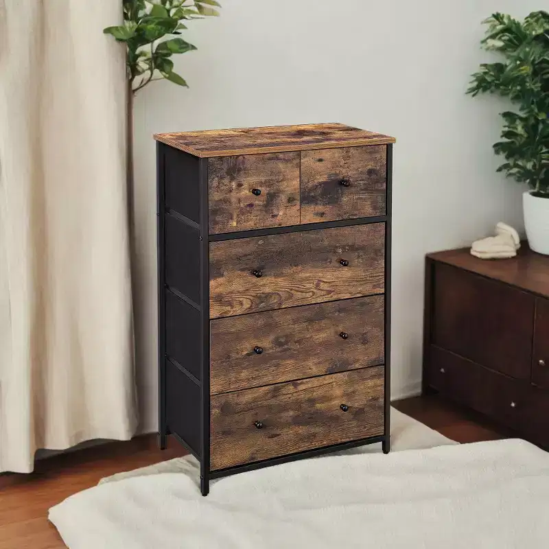 SONGMICS 5 Fabric Drawer Dresser Storage Dresser Tower, Wooden Front and Top Style Dresser Unit Wooden Front & Top Add a Stylish Touch