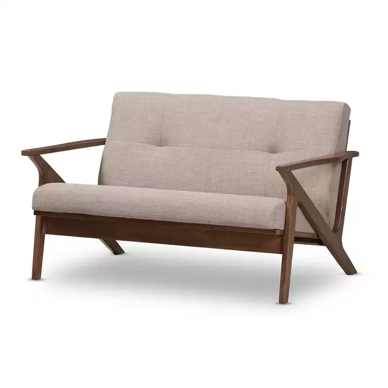 Bianca Mid-Modern Walnut Wood Fabric Tufted 2 Seater Loveseat Light Gray - Baxton Studio: Rubberwood Frame, Polyester Upholstery